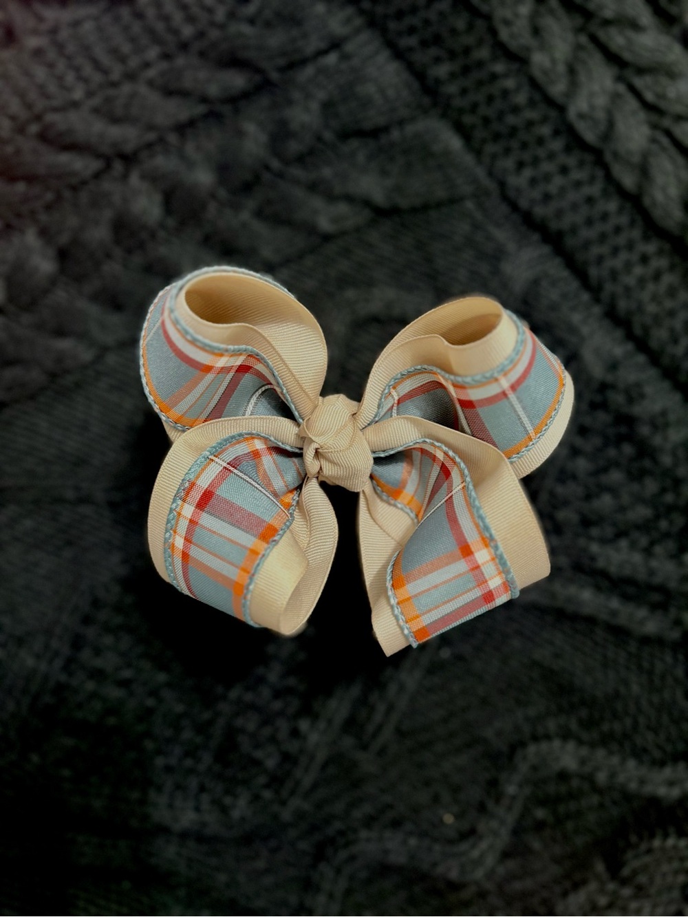 Plaid Ribbon Hair Bow in Beige, Blue & Orange